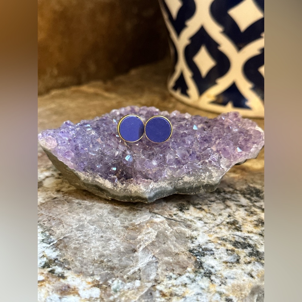Gold Round Blue Gemstone Stud Earrings